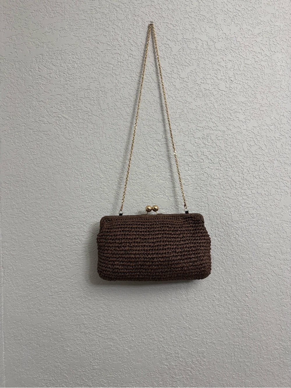 Brown Raffia Woven Clutch/Chain-Strap Shoulder Bag